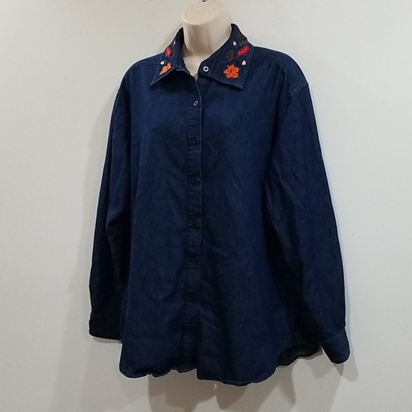 Style studio blue denim embroidered collar shirt - Picture 2 of 13